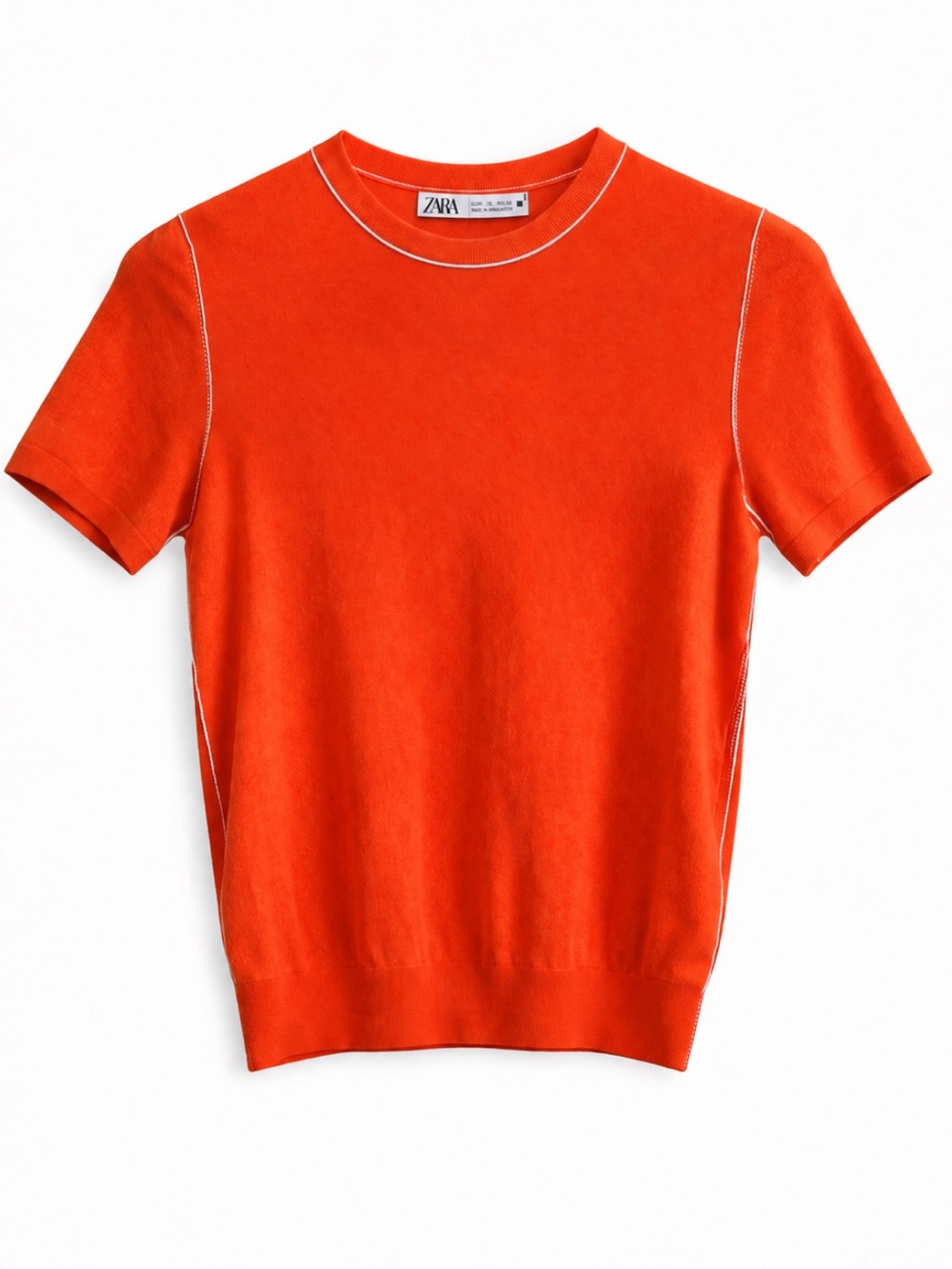 Zara Contrast Trim Knit Sweater Tee Small Orange Short Sleeve Fitted Top NWT